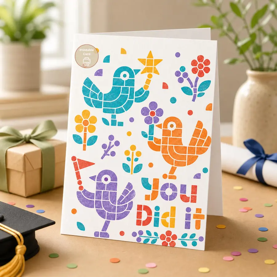 You Did It Card, Colorful Birds, Printable Congrats