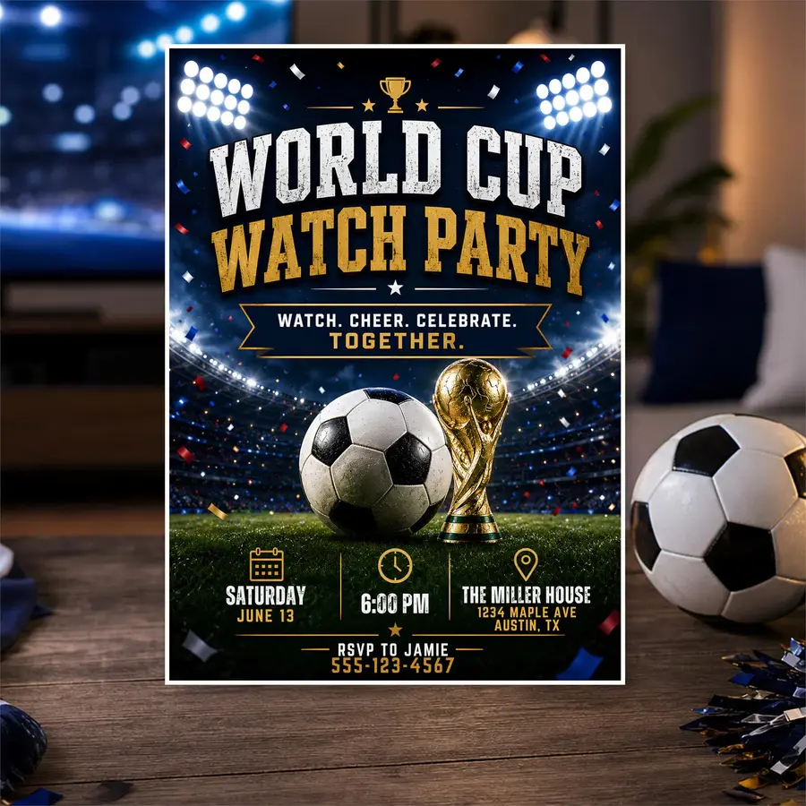 World Cup Watch Party Invitation Template, Editable Canva Soccer 5x7